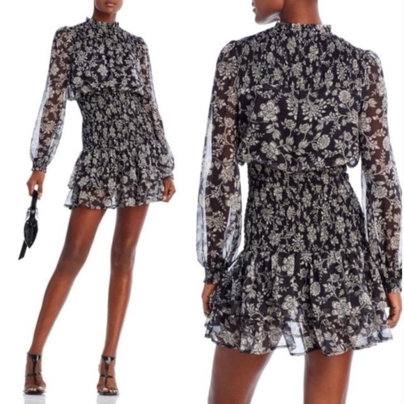 Aqua Purple Pattern Smocked Mini Dress Long Sleeves High Neck Size Small - Picture 13 of 13